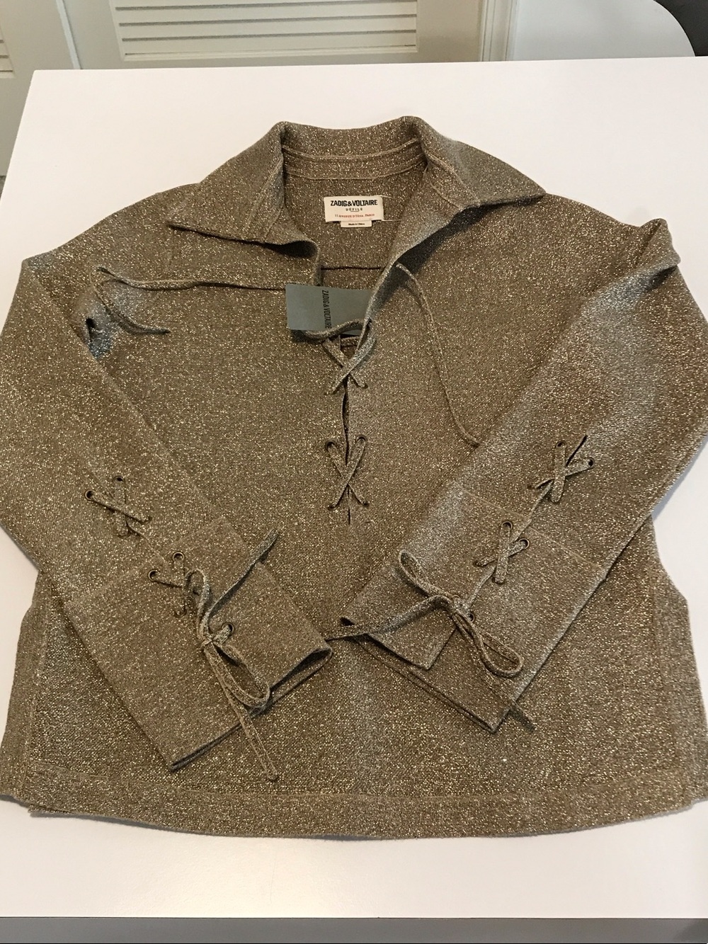NWT Zadig & Voltaire Gold Metallic Lace-Up Knit Sweater- small